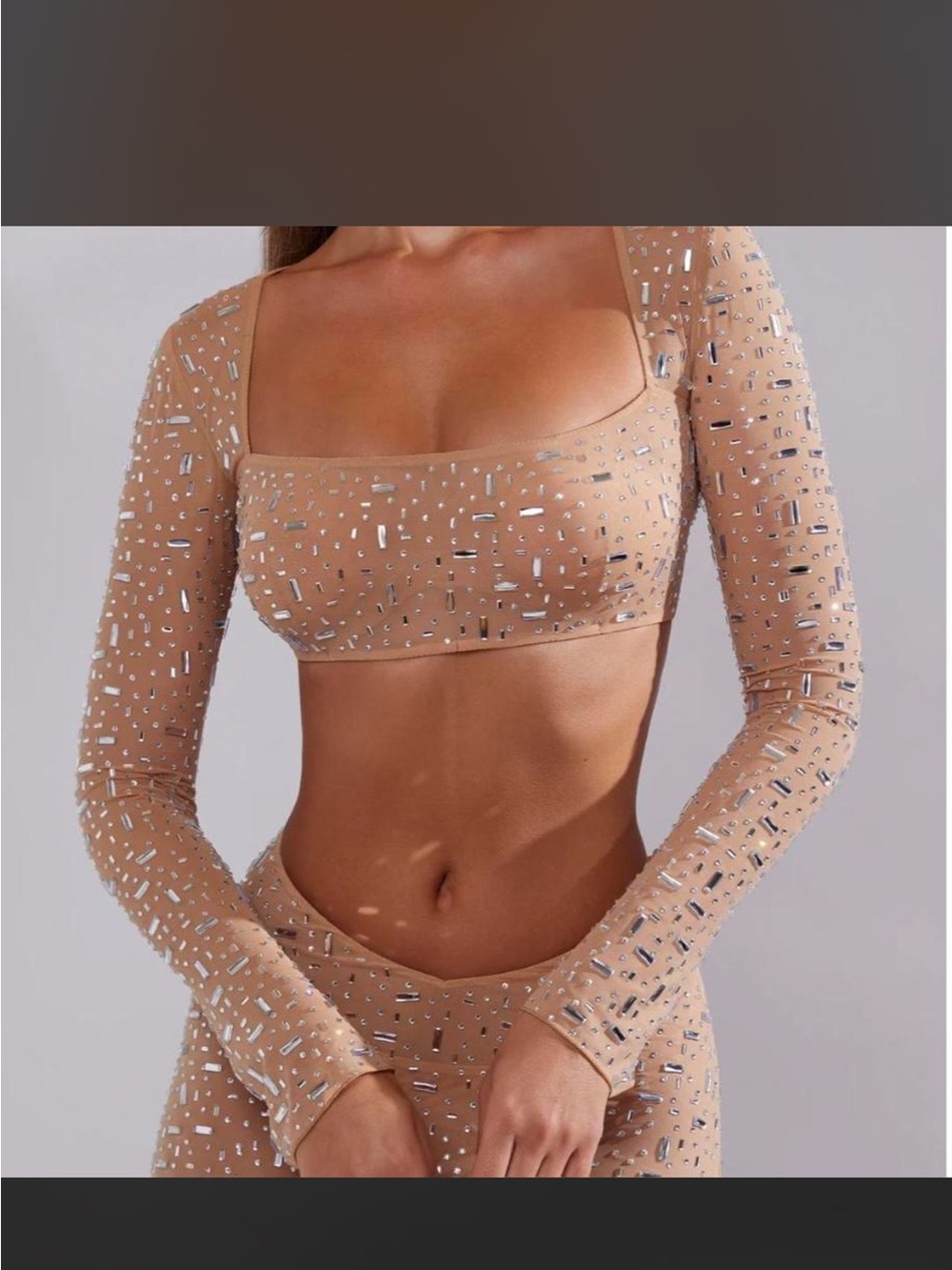 Oh Polly Nude Embellished Long Sleeve Bandeau Top